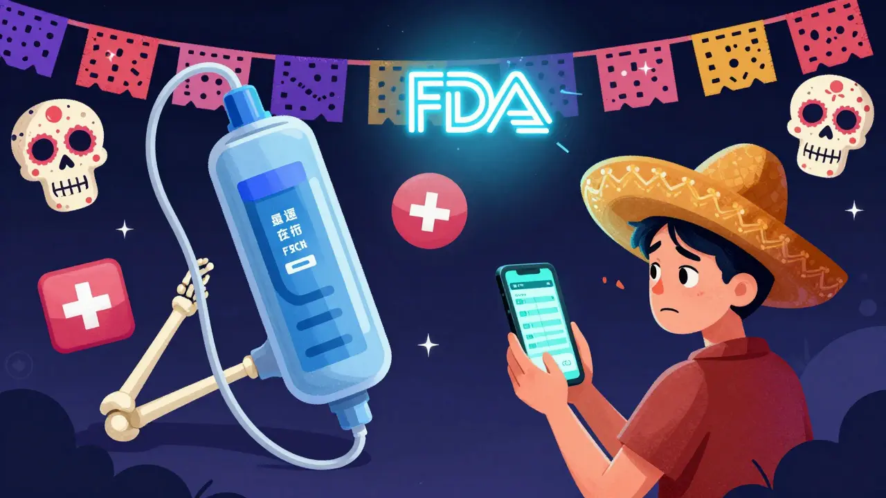 Animated insulin pump with papel picado tubing and sugar skull alerts, viewed by a patient with a smartphone.