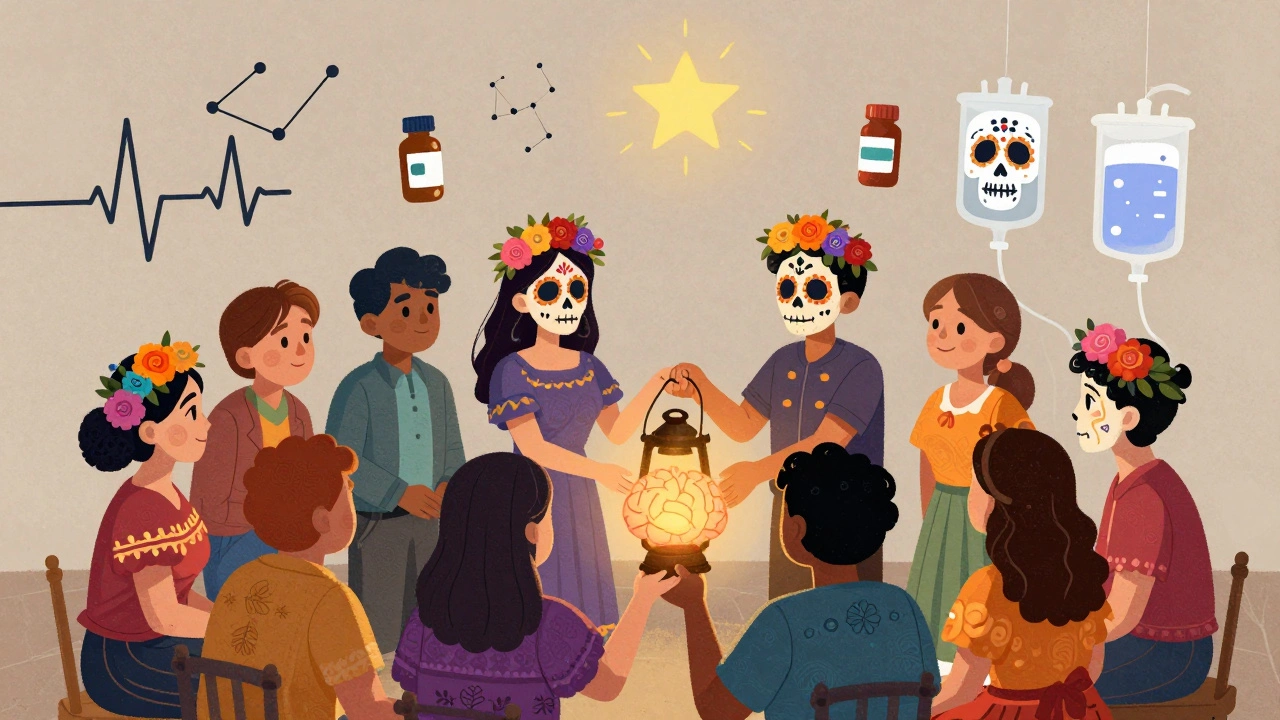 Diverse caregivers pass a brain-shaped lantern in a circle, surrounded by transformed medical symbols as Day of the Dead art.