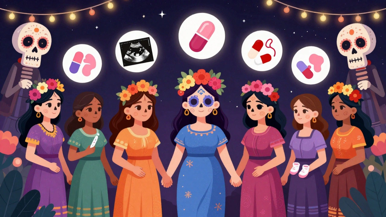 Diverse group of women with IBD holding hands under a starry sky, with pregnancy and breastfeeding icons, watched over by protective calaveras.
