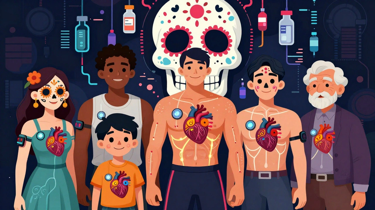 Diverse people wear decorative CGM sensors shaped like alebrijes, with glowing pathways revealing glucose flow, under a data-stream sugar skull mural.