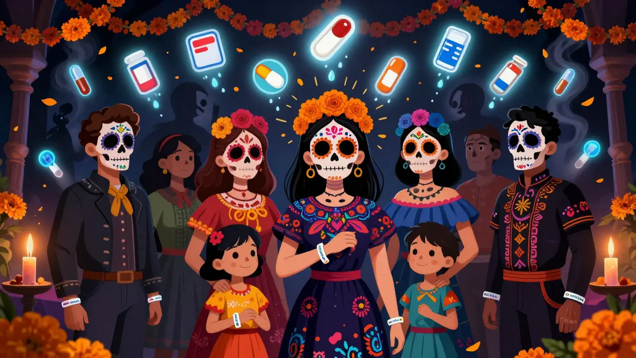 Diverse people wearing skull paint, holding medical alert bracelets, with safe drugs glowing as stars above them in vibrant Day of the Dead style.