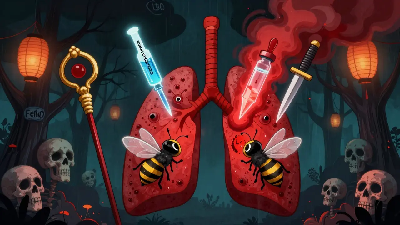 Eosinophil spirits rising from lungs, silenced by three glowing anti-IL-5 weapons, with skeletal trees and paper lanterns in the background.