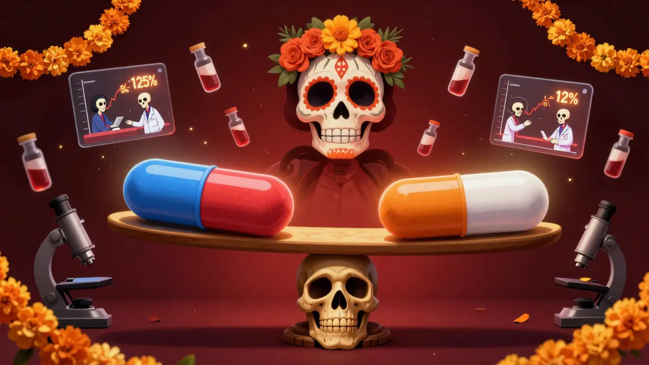 FDA scale balanced with two pills on skull pedestals, floating bioequivalence data and marigold chains.