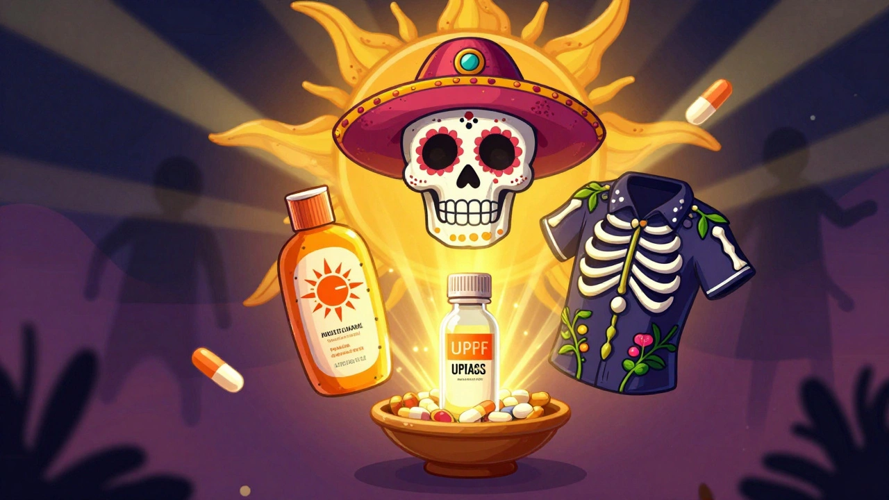 Floating sun protection kit shaped like a Day of the Dead altar with skull hat, sunscreen, and glowing pills.
