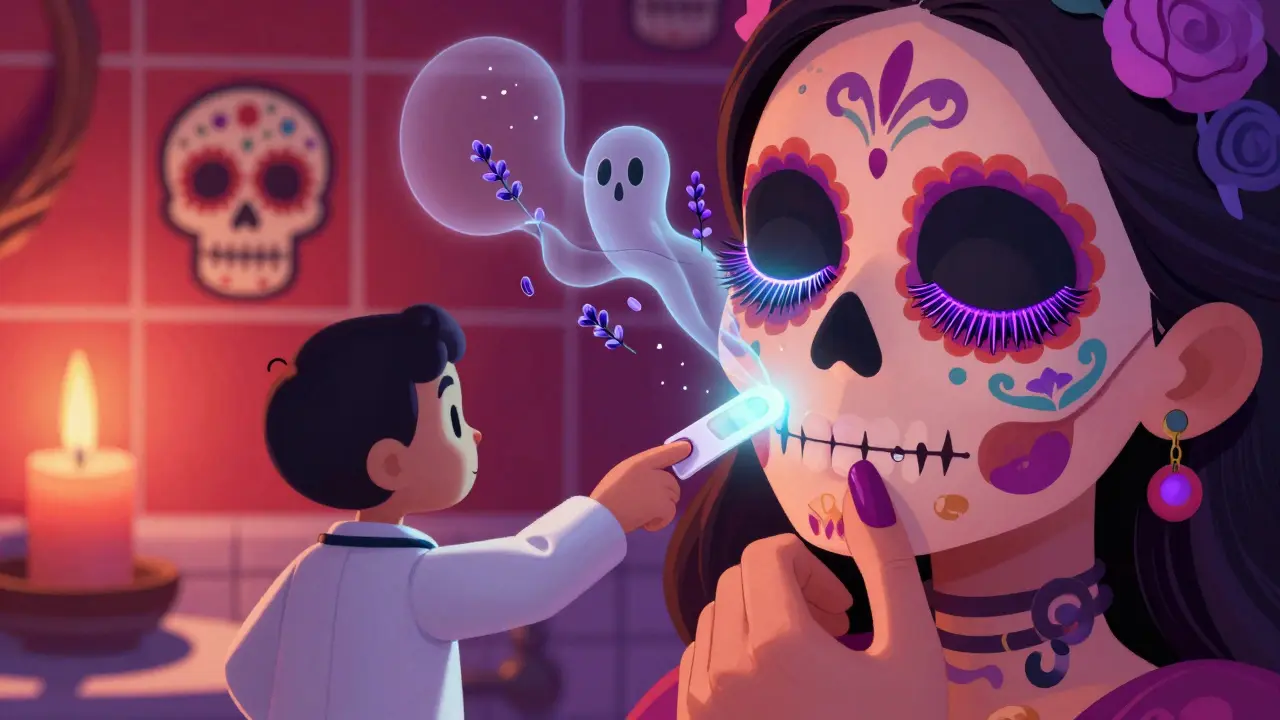 Hand applying nail polish while ghostly allergens drift toward eyelids, with a dermatologist pointing to a patch test strip.