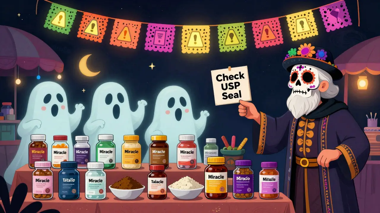 Haunted supplement market with ghostly hidden drugs rising from powders, guided by a wise elder in skull makeup.