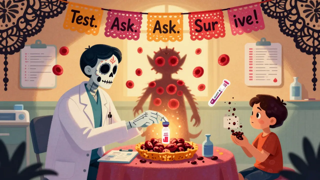 Hospital altar with G6PD test vial, patient’s blood cell alebrije, and crumbling fava beans, all in traditional Mexican Day of the Dead aesthetic.