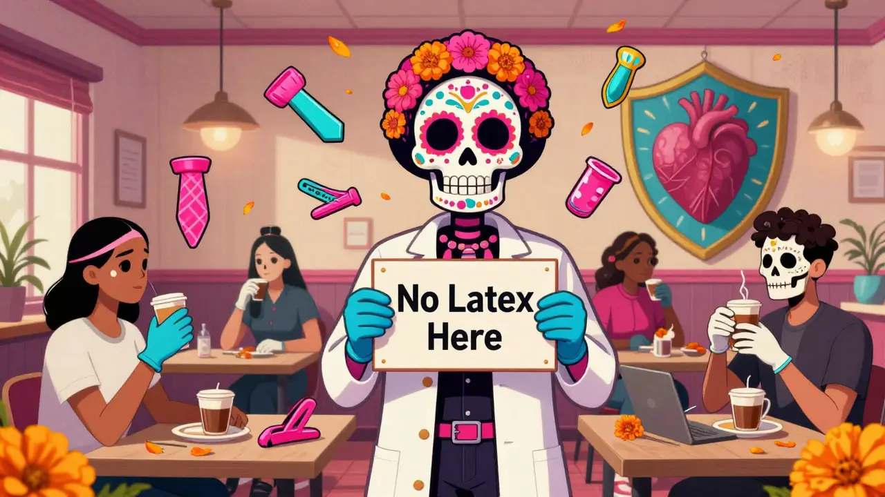 Latex-free break room with workers and a skeletal calavera holding a 'No Latex Here' sign in vibrant Day of the Dead colors.