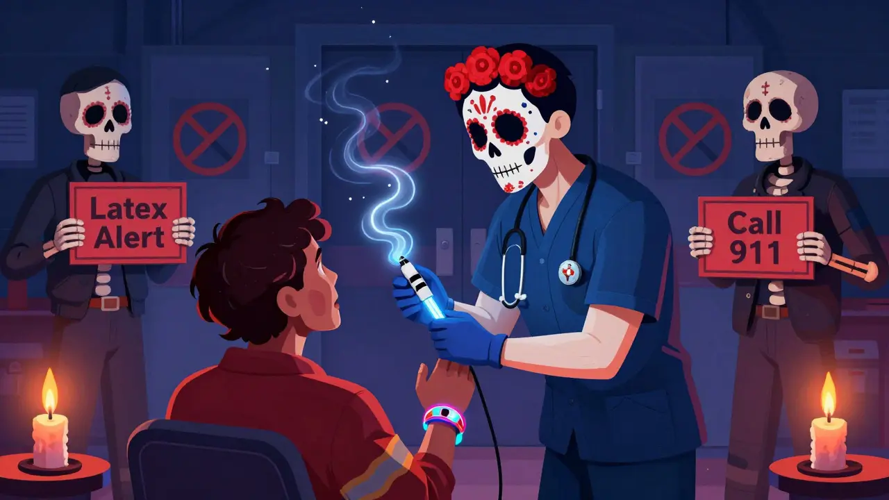 Paramedic giving epinephrine to a patient with skeletal figures warning of latex danger in Day of the Dead aesthetic.