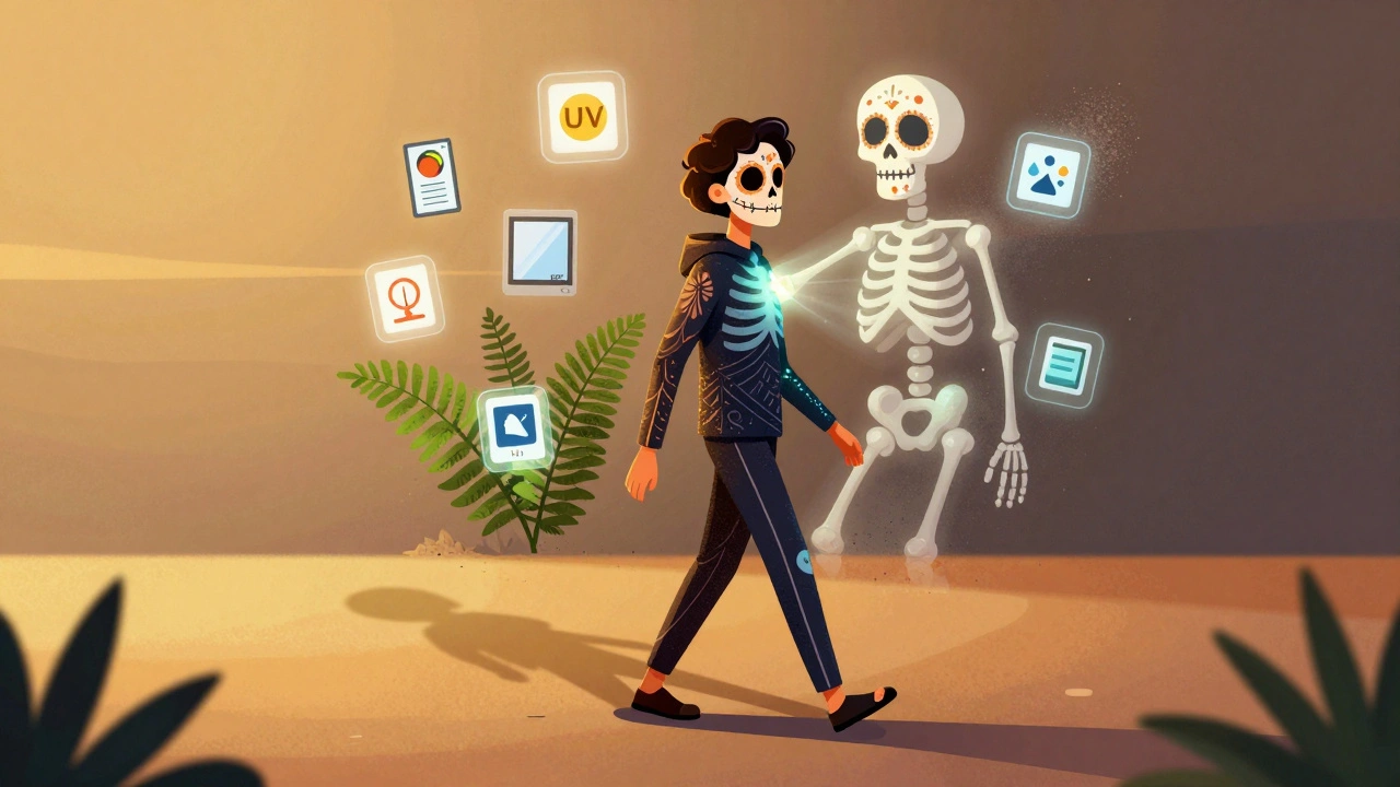 Person walking at sunset with protective clothing, dissolving UV skeleton behind them, surrounded by sun safety symbols.