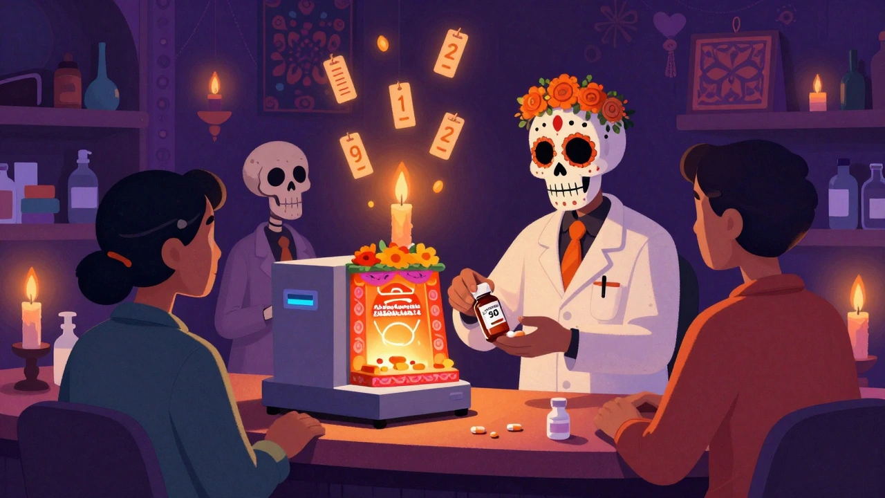 Pharmacist hands pills to a patient as skeleton staff operate an ofrenda-shaped automated refill machine.