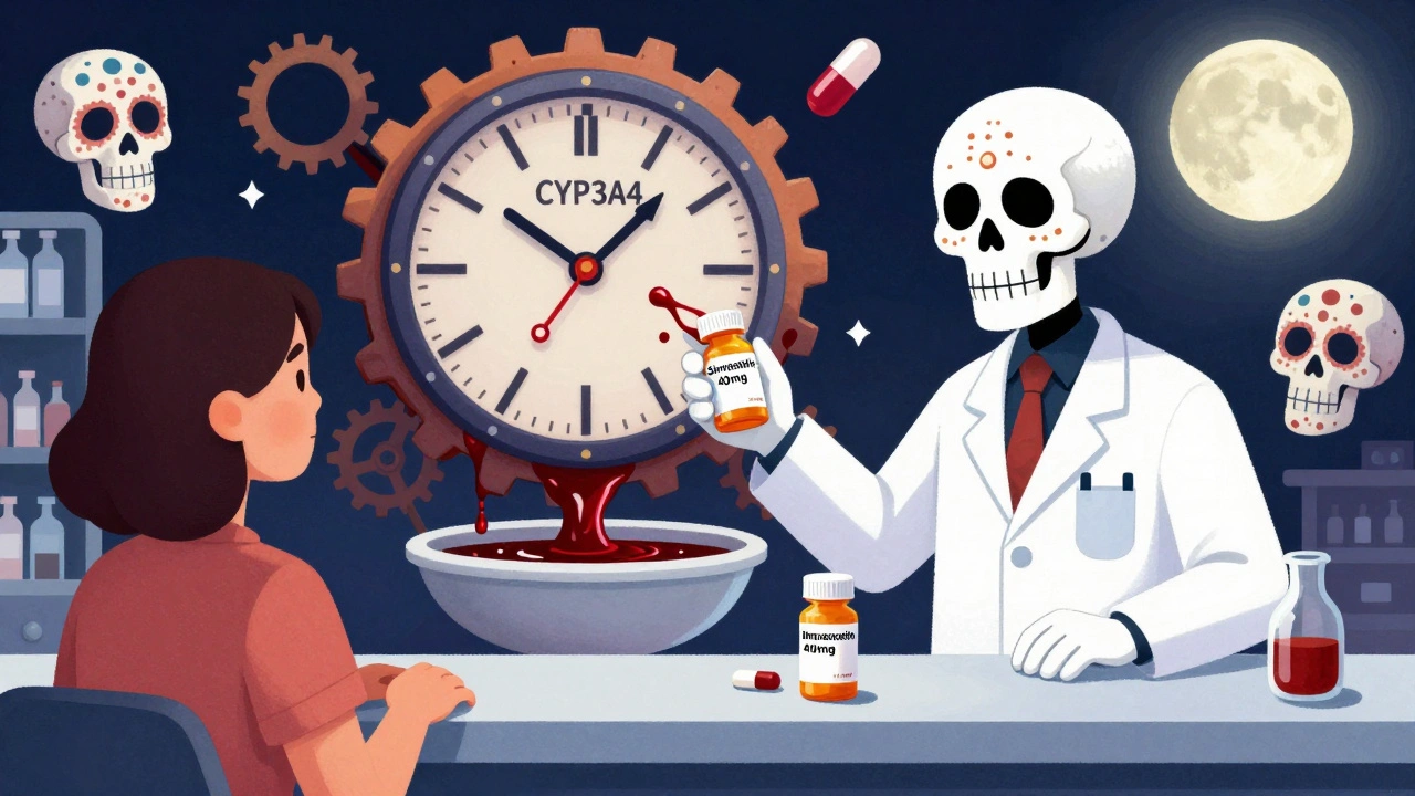 Pharmacy scene with skull pharmacist giving dangerous drug combo, CYP3A4 enzyme clogged with pills and dark liquid flowing into a kidney.