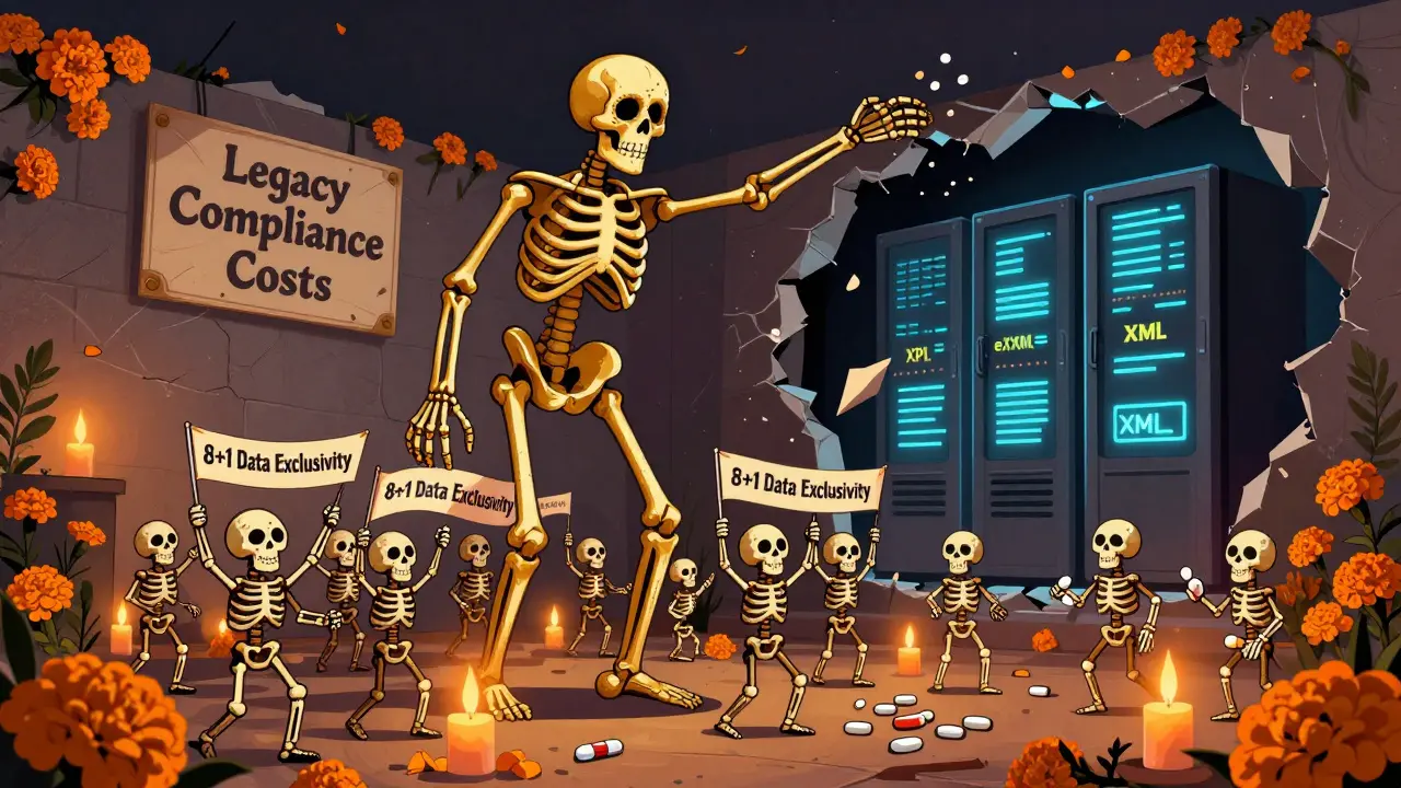Scale balancing brand-name and generic skeletons with patients receiving pills, ePI server glowing behind.