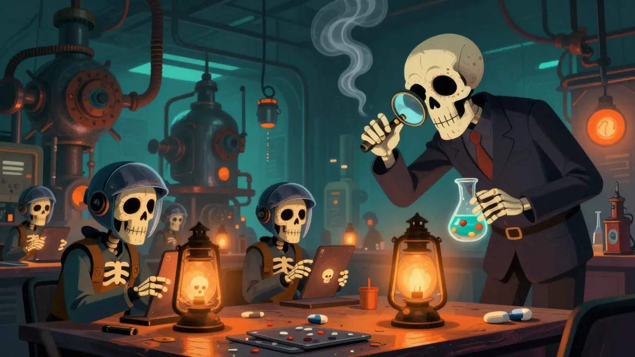 Skeletal workers pressing pills in a glowing factory, inspector examining dissolution in a beaker with alebrije machinery.