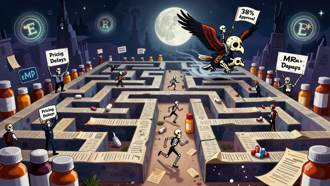 Skeleton companies navigating a pill-bottle maze with regulators blocking paths under a moonlit sky.