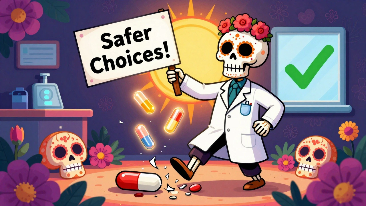 Skeleton in lab coat holding safe medications as broken statin-azole pills lie shattered, surrounded by colorful calavera flowers.