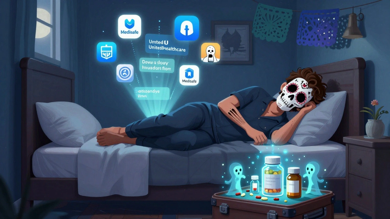 Sleeping traveler with ghostly medication app icons glowing above bed, protective skeleton spirits beside hidden pills