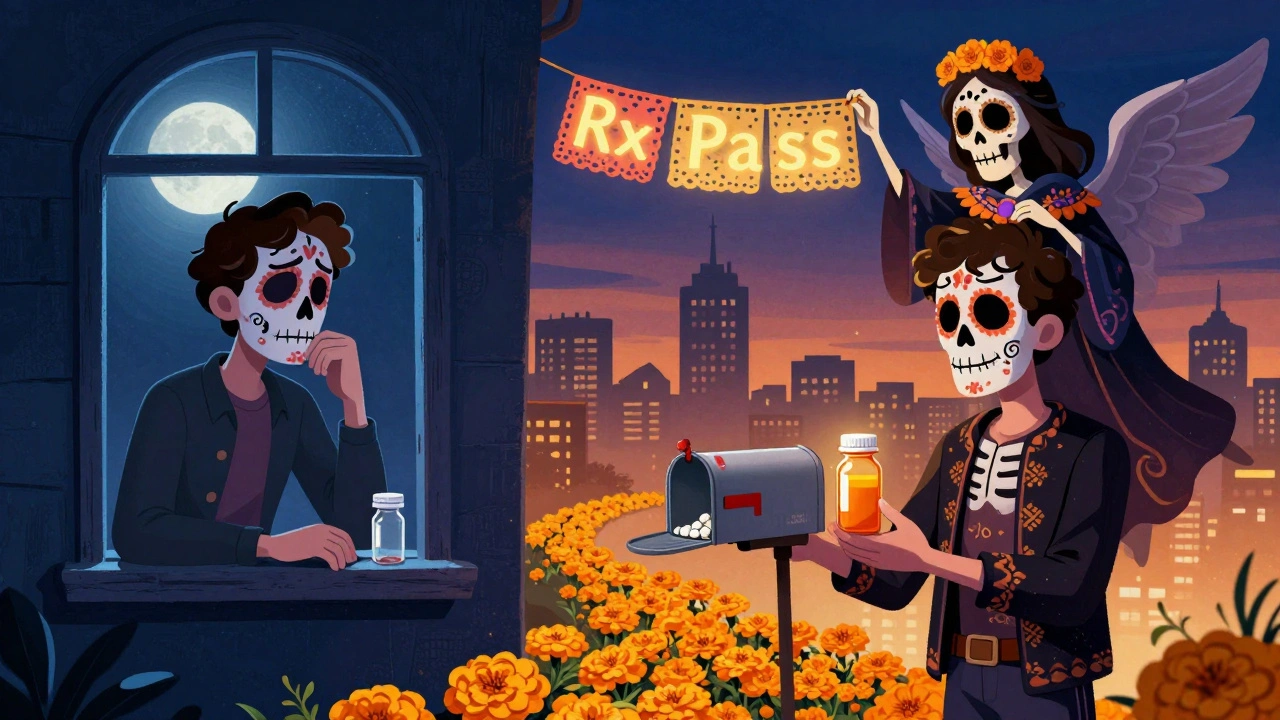 Split scene: man with empty bottle vs. same man smiling at new meds, guided by a skeletal guardian with RxPass banner.