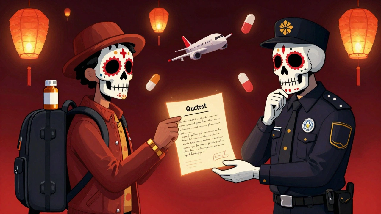 Split scene: traveler presenting doctor’s letter to a skull-faced customs officer, pill lanterns floating nearby