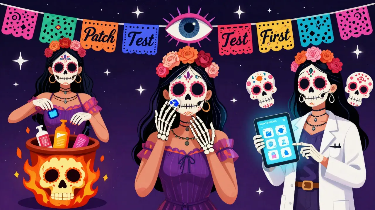 Three-panel illustration showing disposal of makeup, applying petroleum jelly, and using a safe product app, with sugar skull dermatologists.