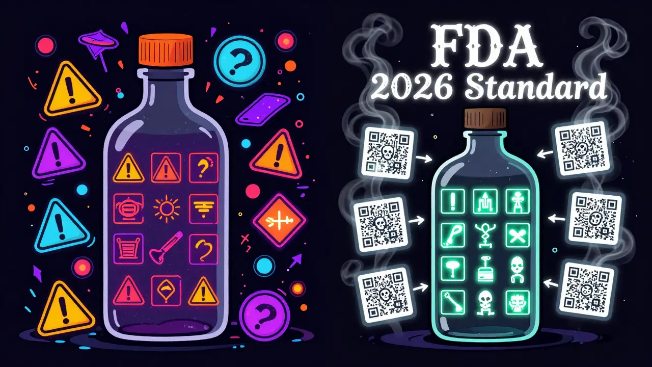 Two medicine bottles side by side: one chaotic with many icons, one clean with standardized symbols, glowing under sacred light.