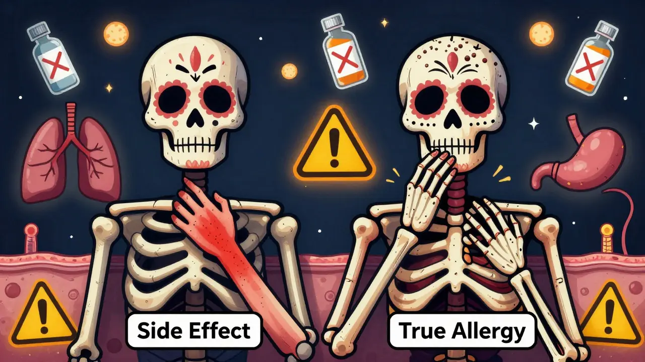 Two skeletons comparing reactions: one with a mild rash, the other with swelling and breathing trouble.