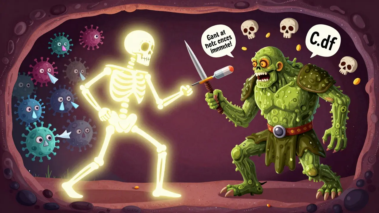 A battle inside a sinus cavity: viral sprites fading versus a bacterial ogre being defeated by an antibiotic lance, all in Day of the Dead art style.