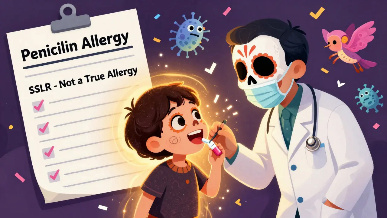 A child takes amoxicillin safely while a medical record changes from 'allergy' to 'SSLR', surrounded by joyful skeletal alebrijes and golden light.