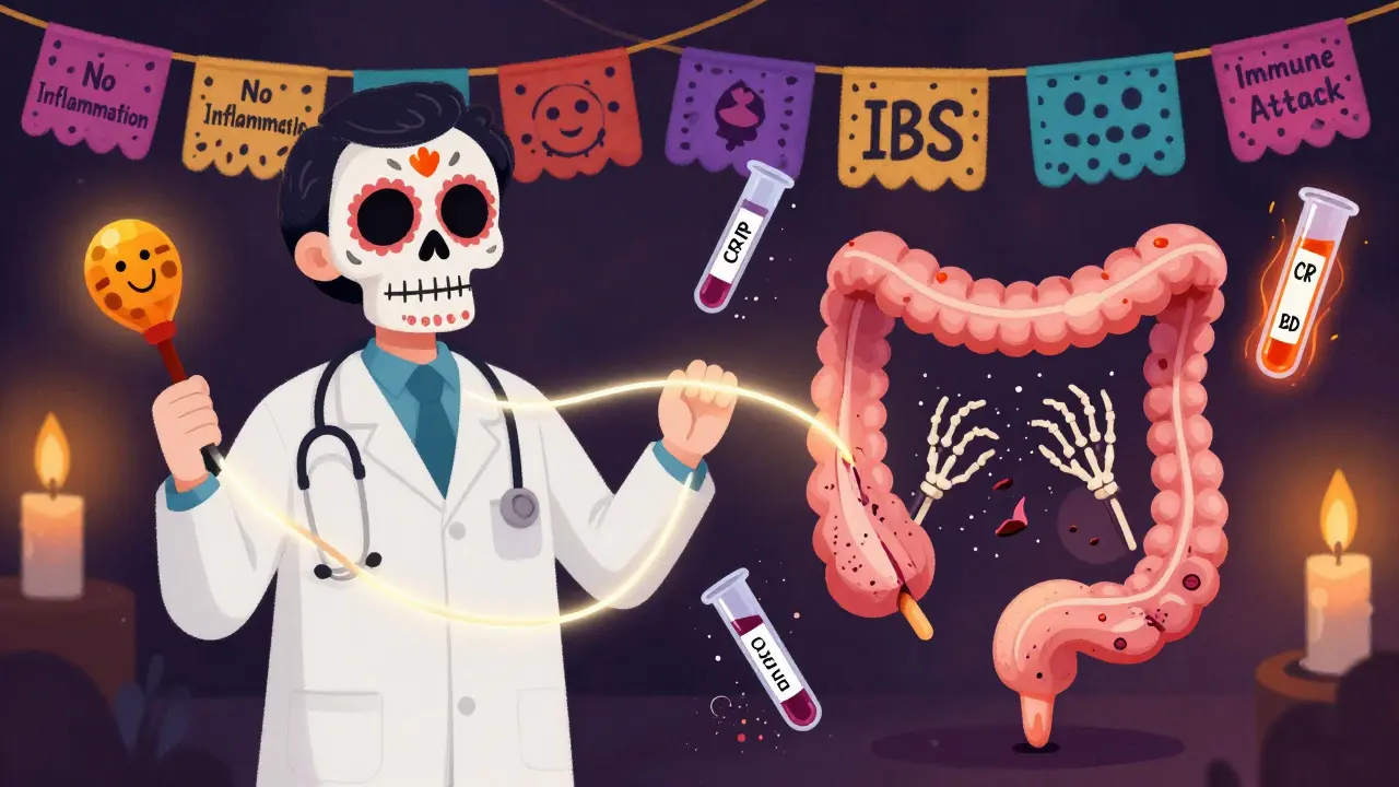 A colonoscope splitting into two paths: one clean and floral, the other damaged and fiery, with test tubes floating nearby in Day of the Dead aesthetic.