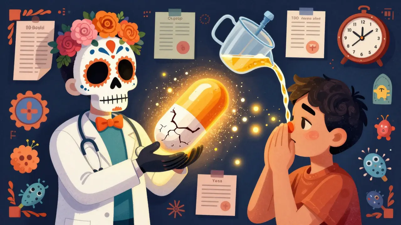 A doctor watching as an antibiotic pill crumbles while saline solution flows into a patient's nose, releasing glowing bacteria.