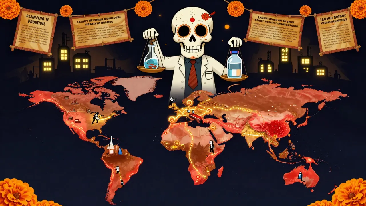 A global map shows FDA inspectors arriving at foreign factories, with a skull holding a scale of safe vs. contaminated medicine.
