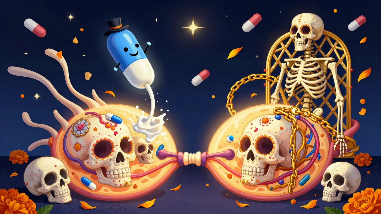 A glowing breast anatomy with sugar-skull alveoli, tiny drug molecules passing through golden filigree, marigolds falling like petals.