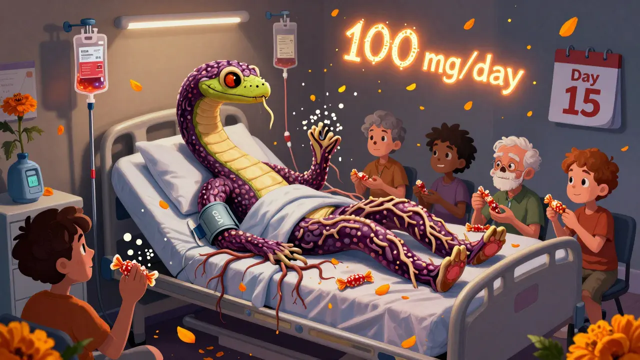A licorice root serpent wrapped around a hospital bed, with warning glyphs and falling marigold petals.