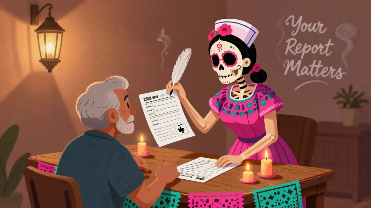 A nurse guides an elderly patient to fill out a MedWatch form, surrounded by candles and papel picado.