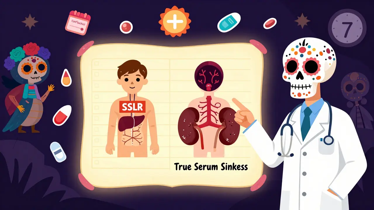 A pediatrician points to a glowing chart comparing SSLR and true serum sickness, with alebrijes representing medications floating nearby.