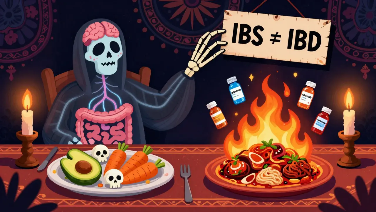 A person at a table with two plates—one for IBS with calming foods, one for IBD with burning food and drug vials, surrounded by skeletal motifs in Day of the Dead style.