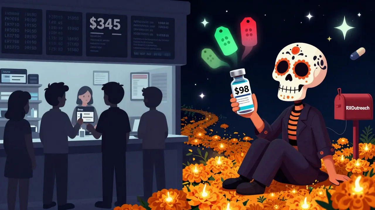 A person paying  for insulin instead of 5, with sugar skull coupons and marigold paths leading to a mail-order pharmacy.