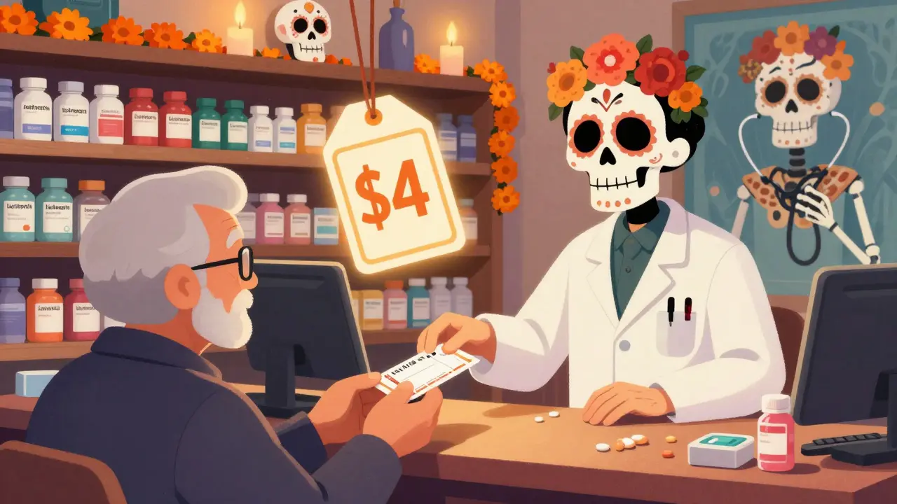 A pharmacist giving a low-cost prescription at a small pharmacy, with glowing price tags and sugar skull pill bottles.