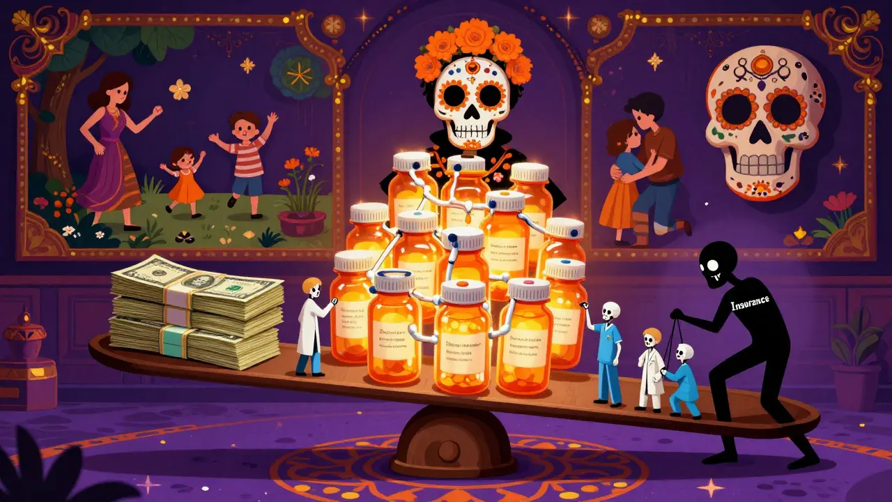 A scale balancing money against smart pill bottles, with skeletons tending them as patients thrive in the background.