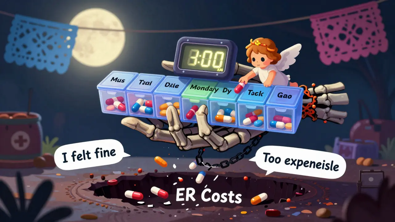 A skeletal hand pill organizer glows with pills, a tiny angel places a new dose as broken pills fall into a pit labeled 'ER Costs'.