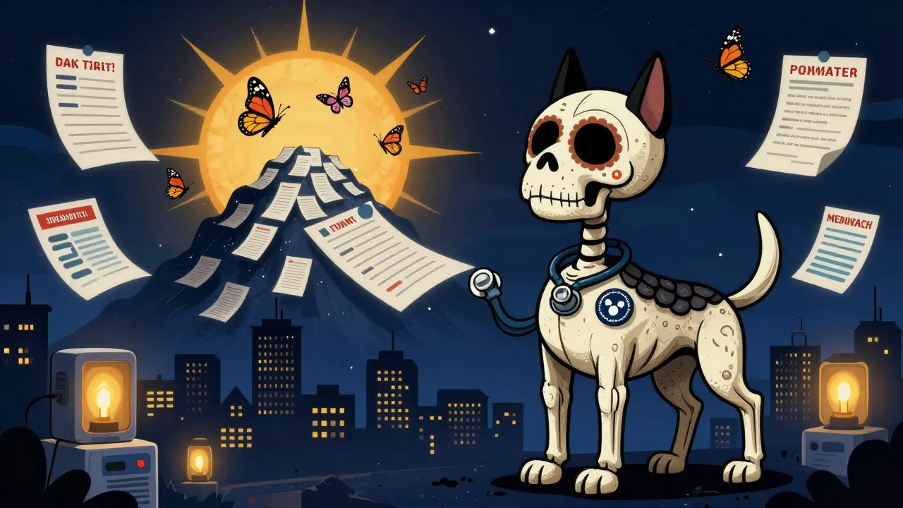 A skeletal watchdog guards patient reports turning into butterflies, with medical devices glowing like lanterns.
