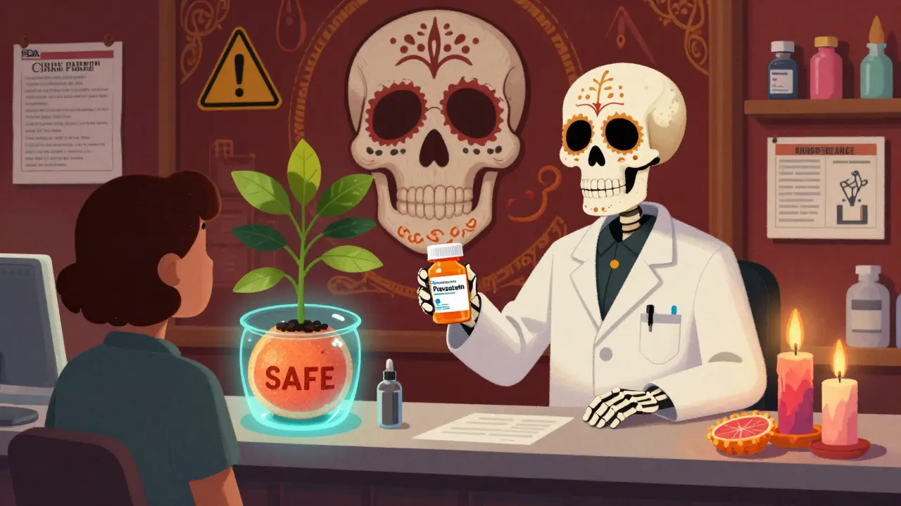 A skeleton pharmacist swaps a risky statin for a safe alternative, with a CRISPR grapefruit plant and warning mural in background.