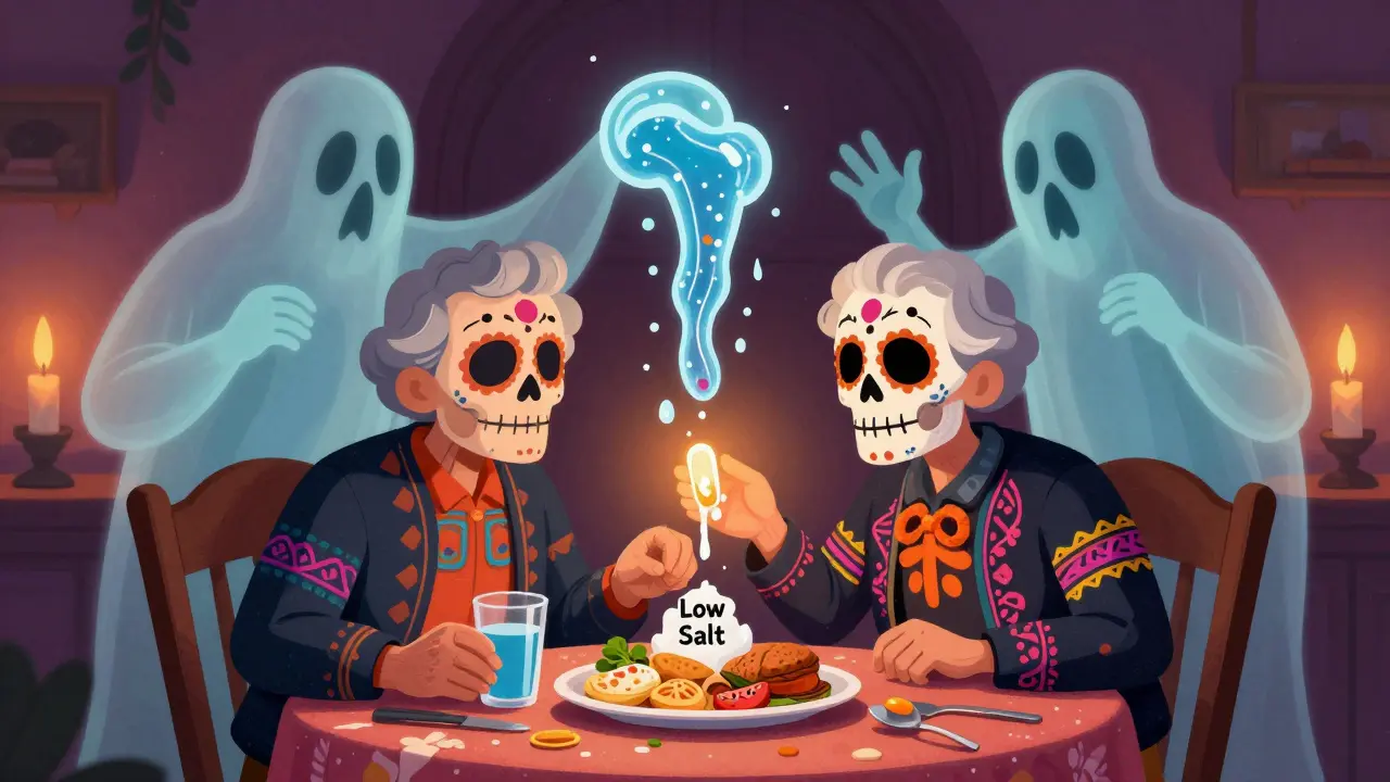 An elderly person at a table with ghostly figures representing sodium imbalance, in vibrant Mexican folk style.