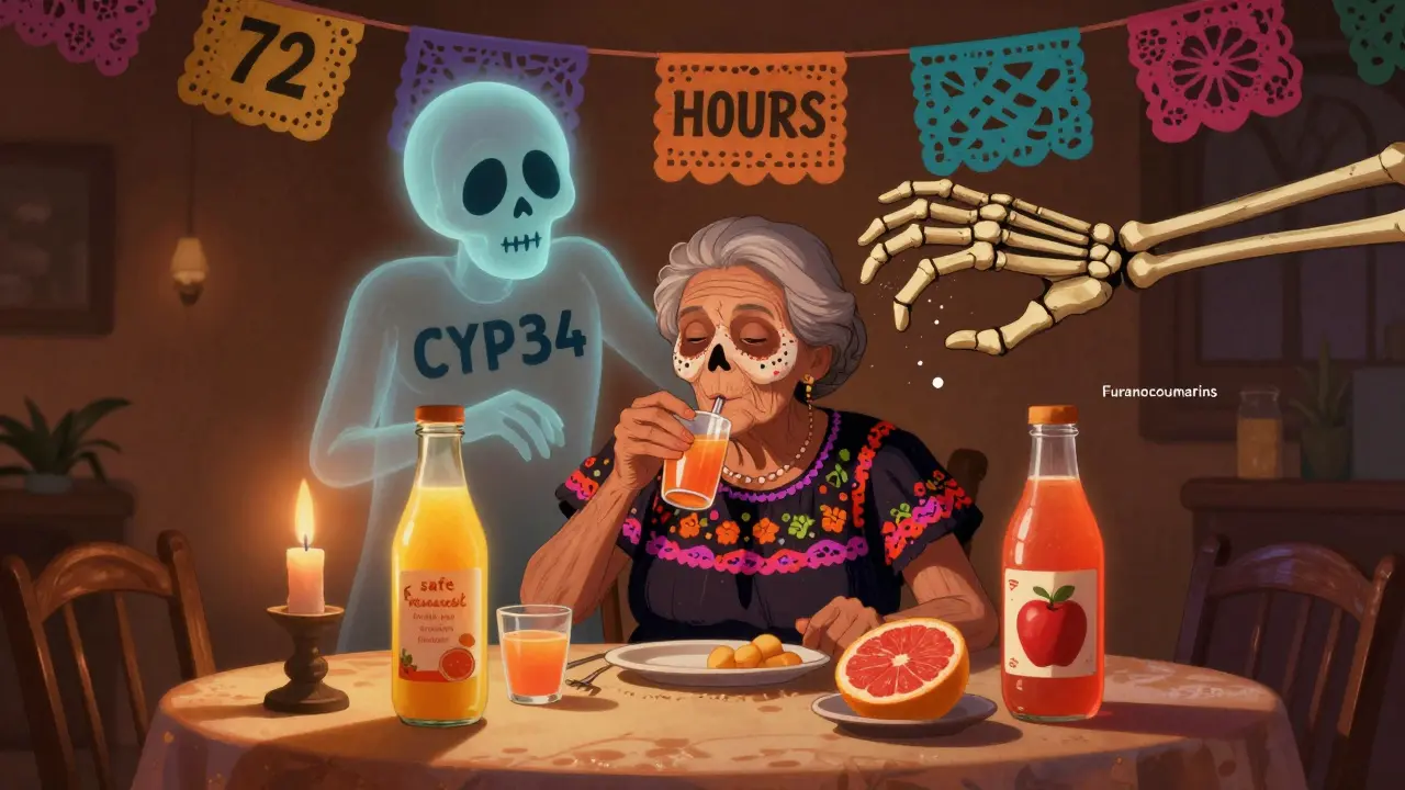An elderly woman drinks grapefruit juice as a skeletal enzyme is crushed by furanocoumarins, with safe juices beside her.