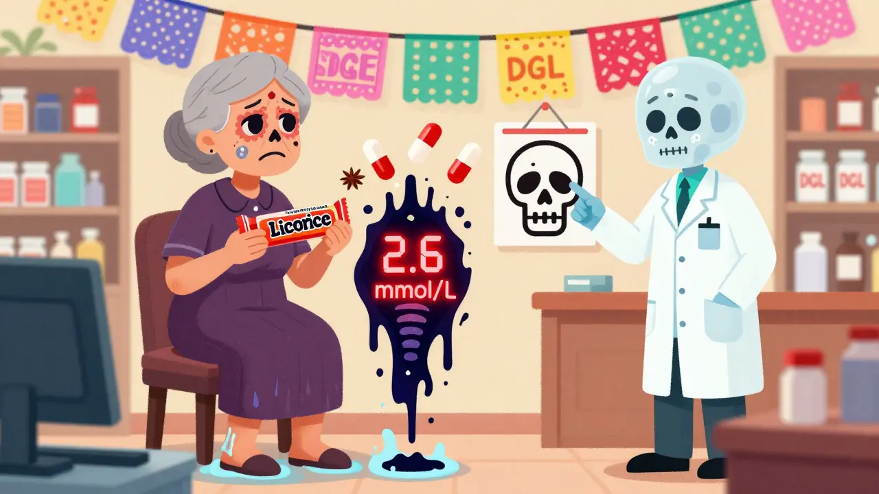 An elderly woman’s body turning skeletal as potassium drops, surrounded by DGL capsules and anise pods.