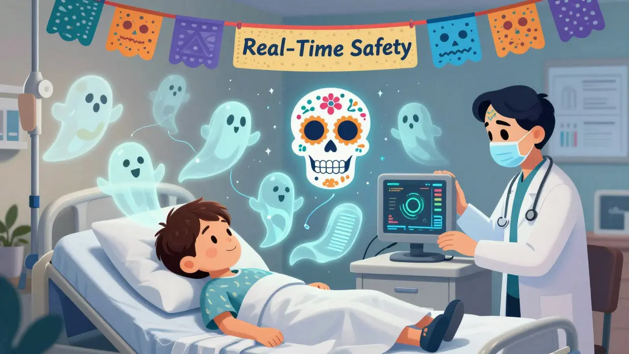 Child in hospital bed surrounded by floating data ghosts rising into a sugar skull monitoring board.