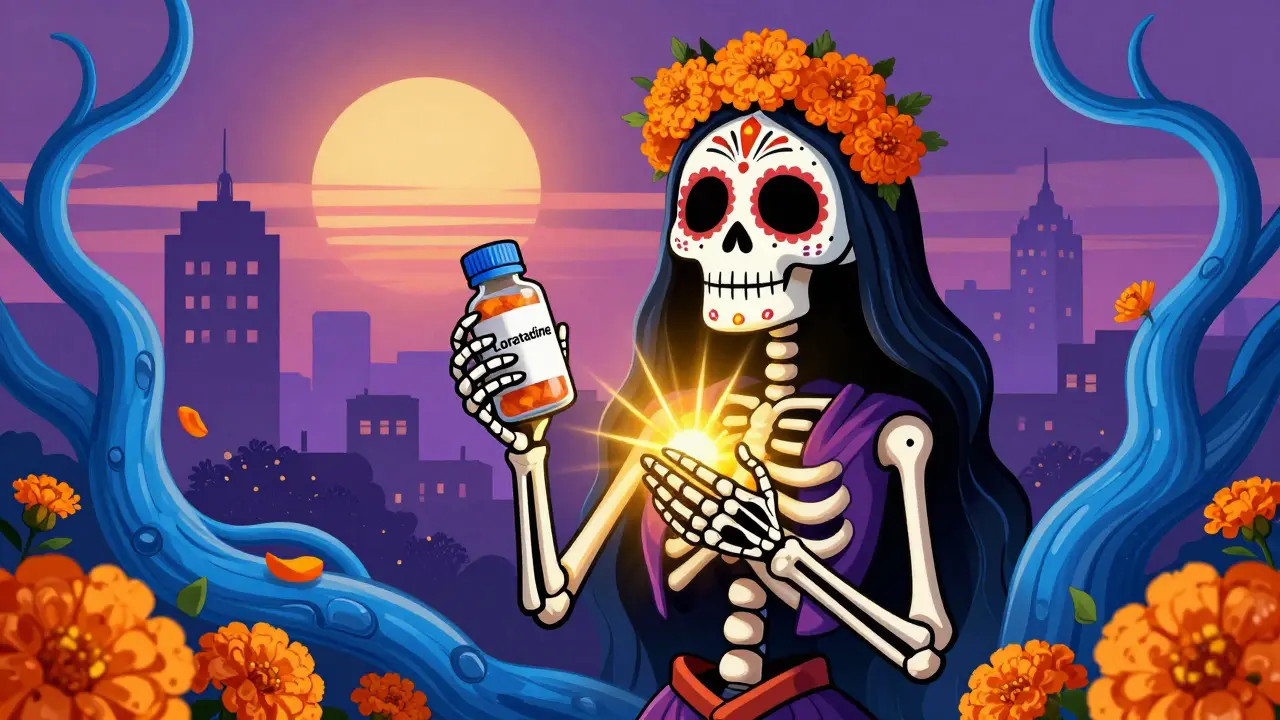 Decorated skeleton with golden light, holding loratadine as calm blue vessels and flowers surround it.