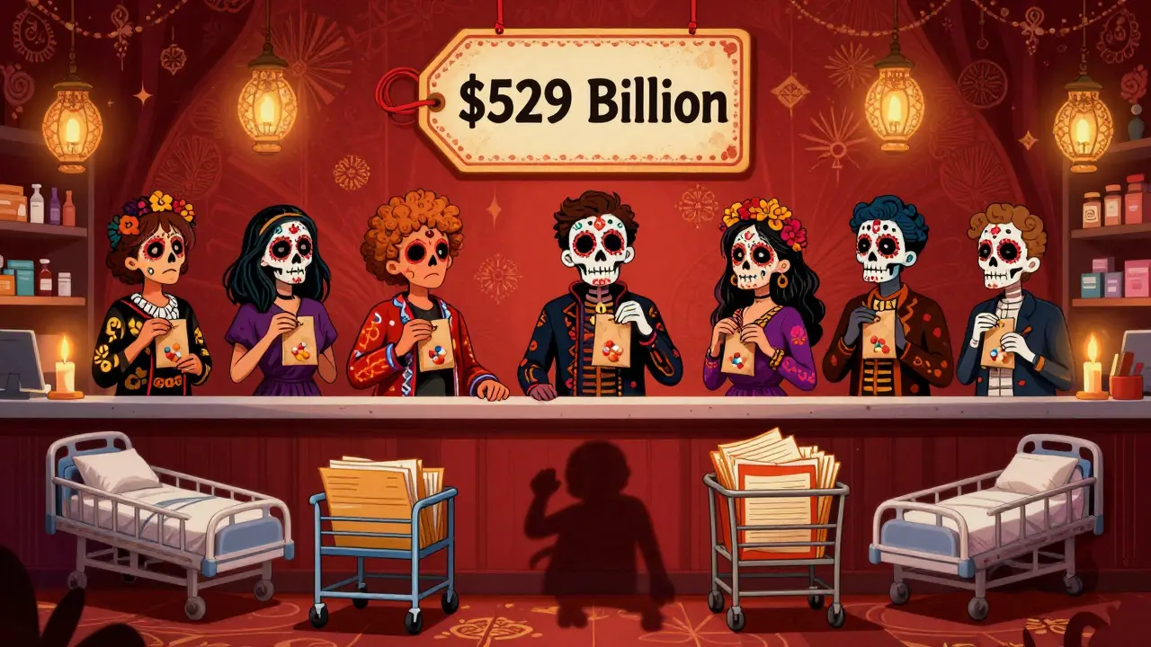 Diverse people at a pharmacy, their shadows turning into hospital beds, with a giant skull price tag reading '9 Billion'.