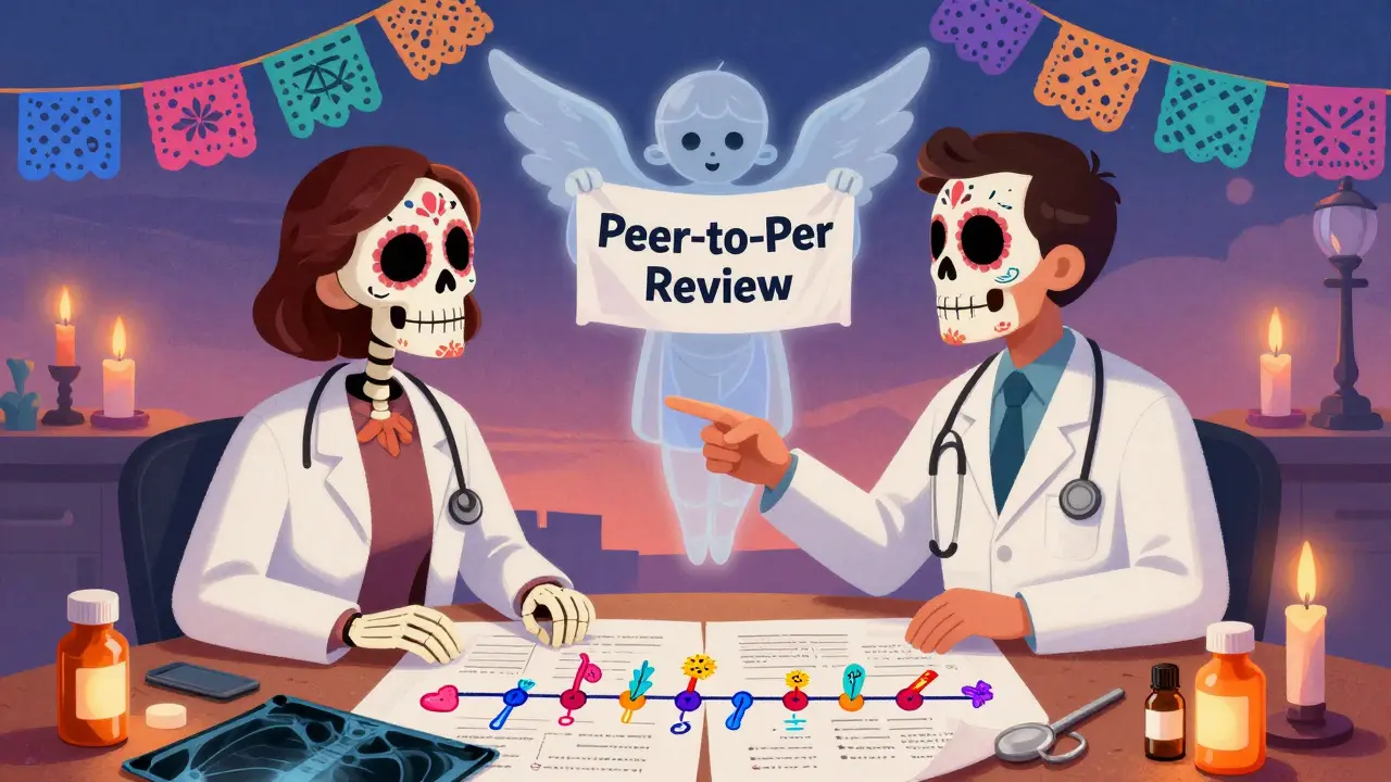 Doctor and skeletal insurance physician reviewing medical charts with glowing prescriptions, angelic figure above them.