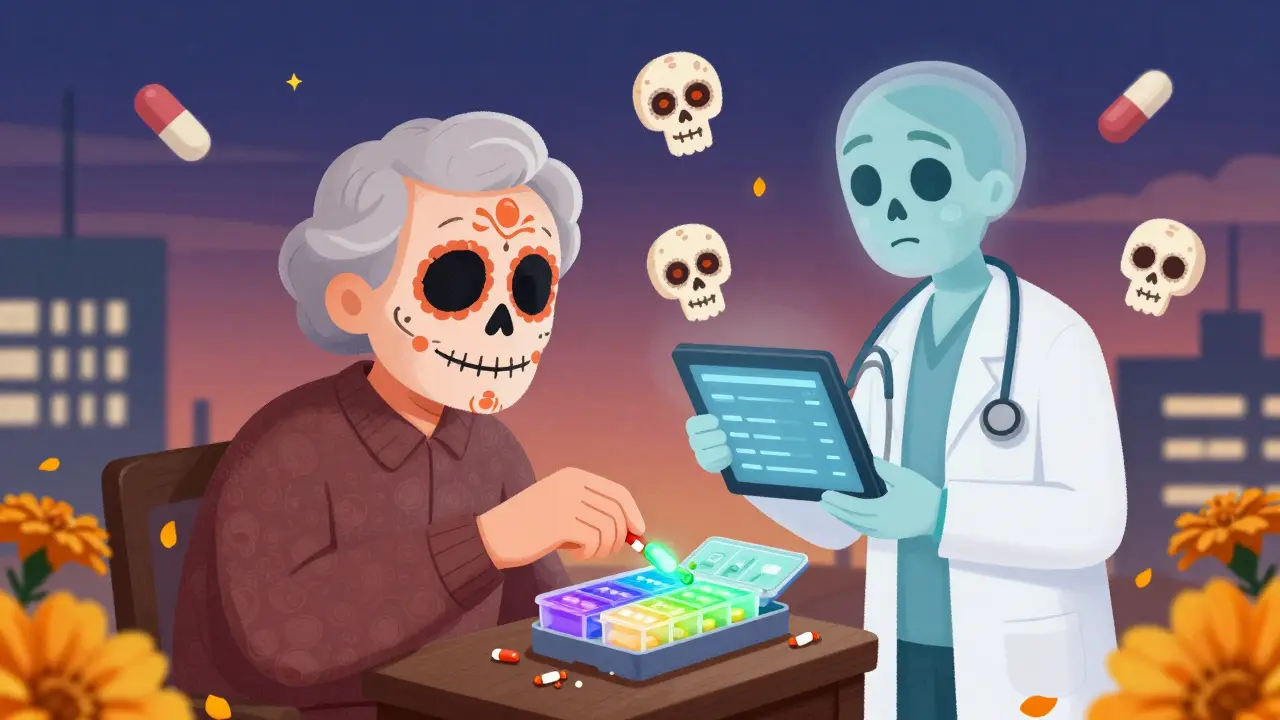 Elderly patient using a color-coded LED pillbox with a healthcare spirit watching over glowing dose skulls.